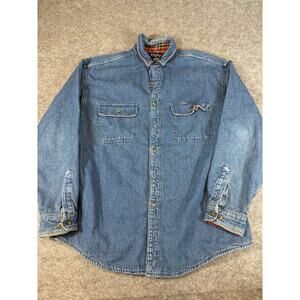 VINTAGE Eddie Bauer Jean Shirt Men Large Blue Denim Shacket Workwear Western 90s